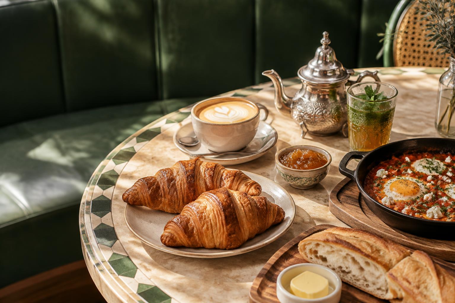 Croissants, coffee and Moroccan mint tea at a sunlit café table